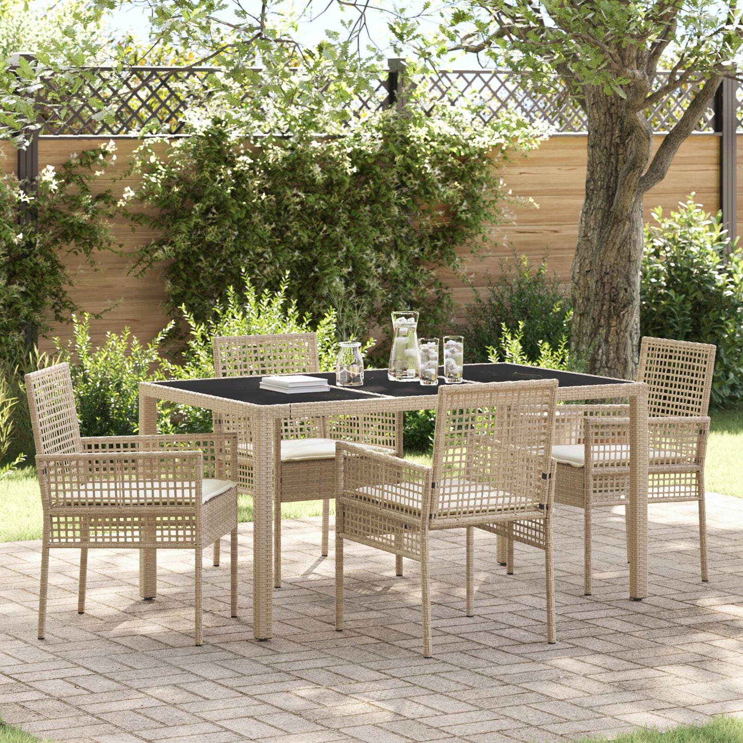 Set Van 3 Beige Pe Rattan, Gehard Glas, Gepoedercoat Staal