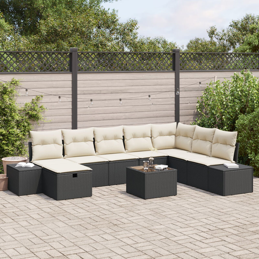 9-Delige Tuinbank Set Met Kussens Zwart Poly Rattan Wit