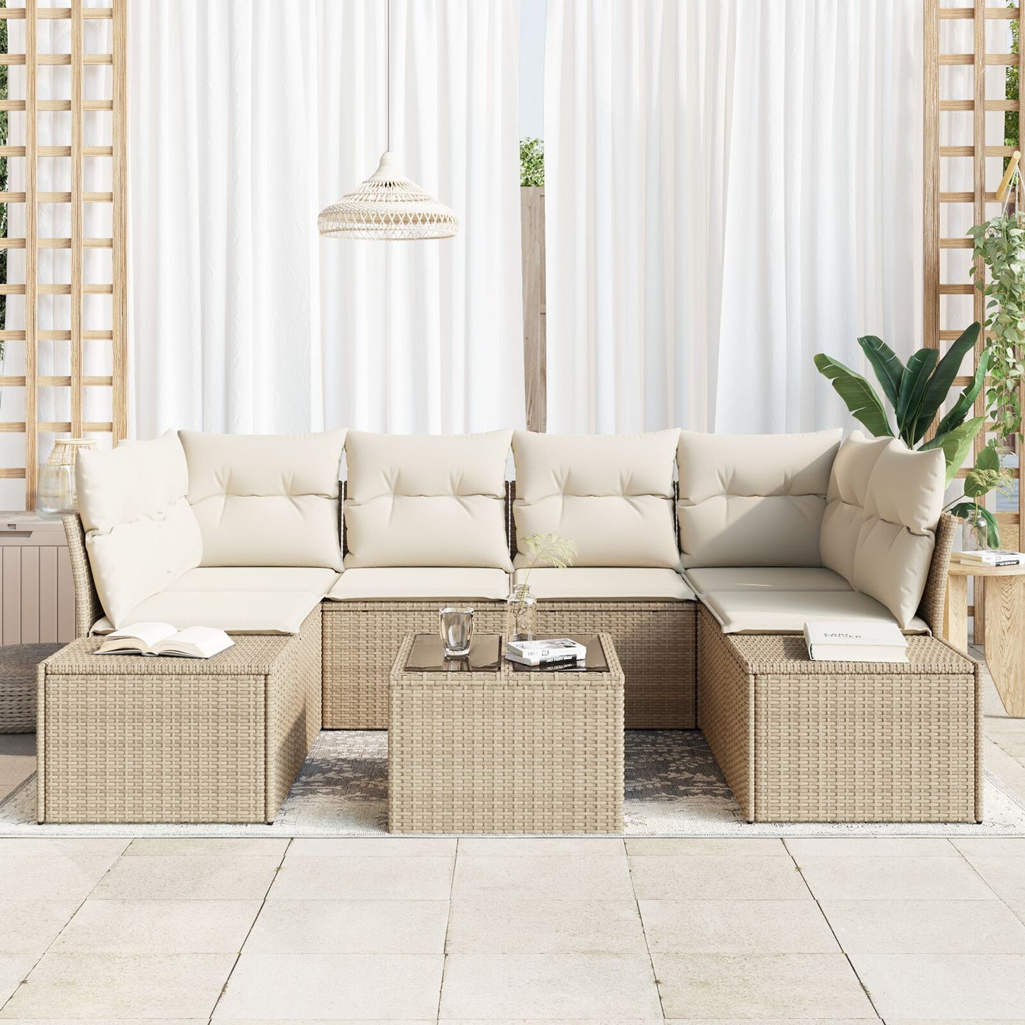 7-Delige Tuin Sofa Set Met Kussens Beige Poly Rattan