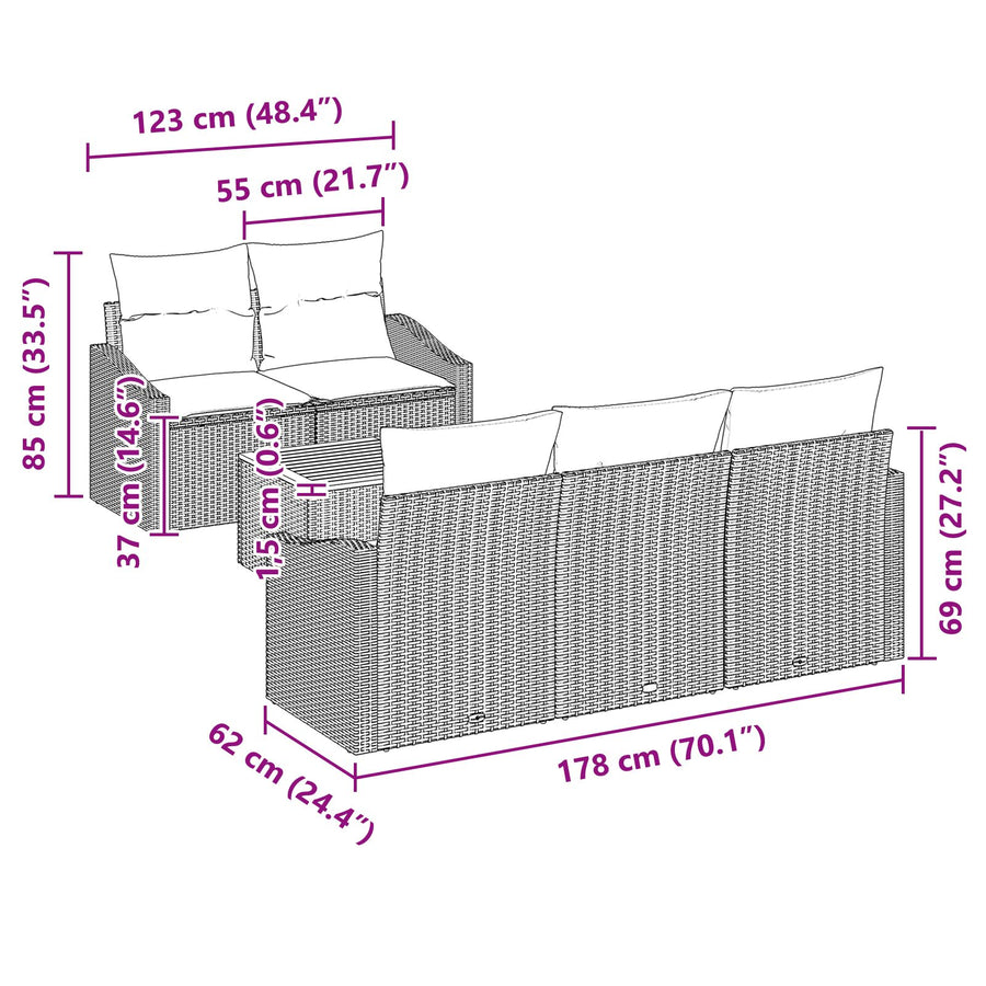6-Delige Tuin Sofa Set Met Kussens Grijs Poly Rattan Acacia