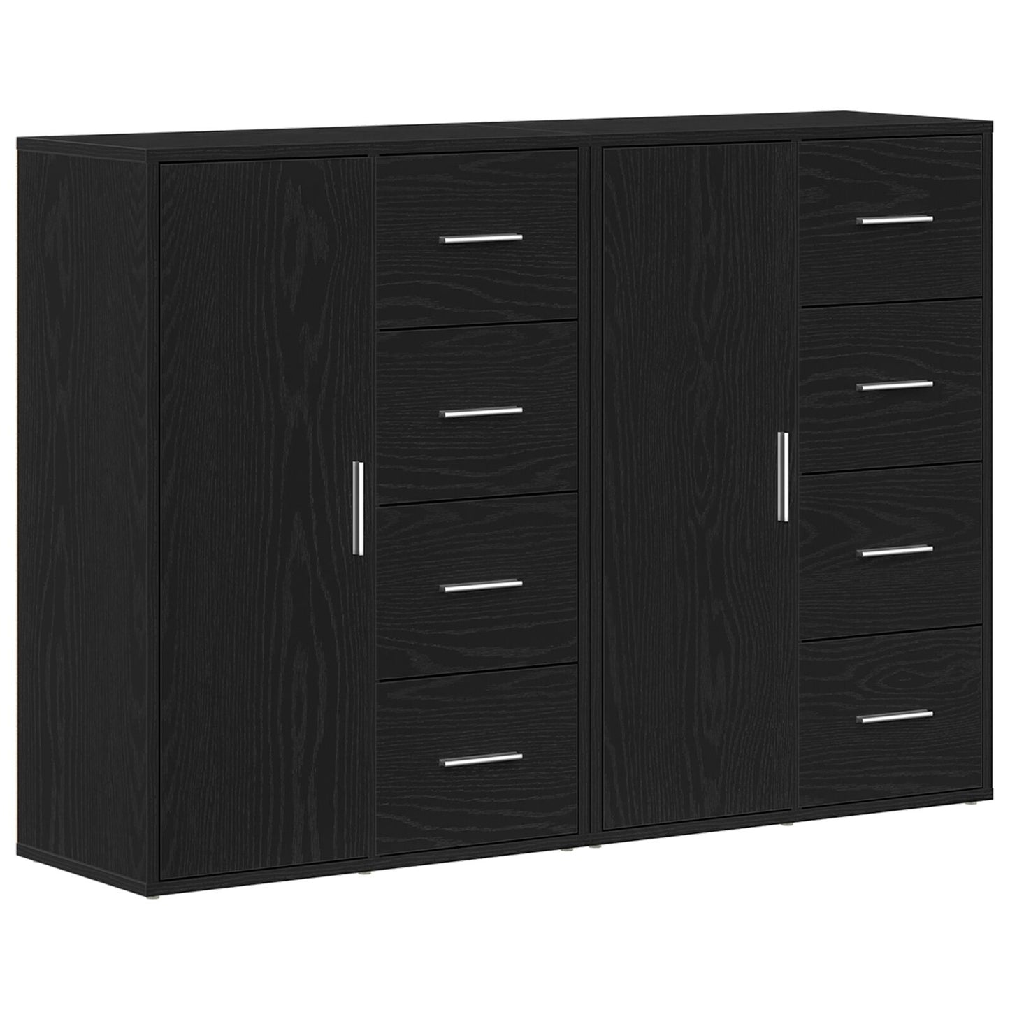 Sideboard Set Van 2 Zwart Eiken Hout, Metalen Handvatten