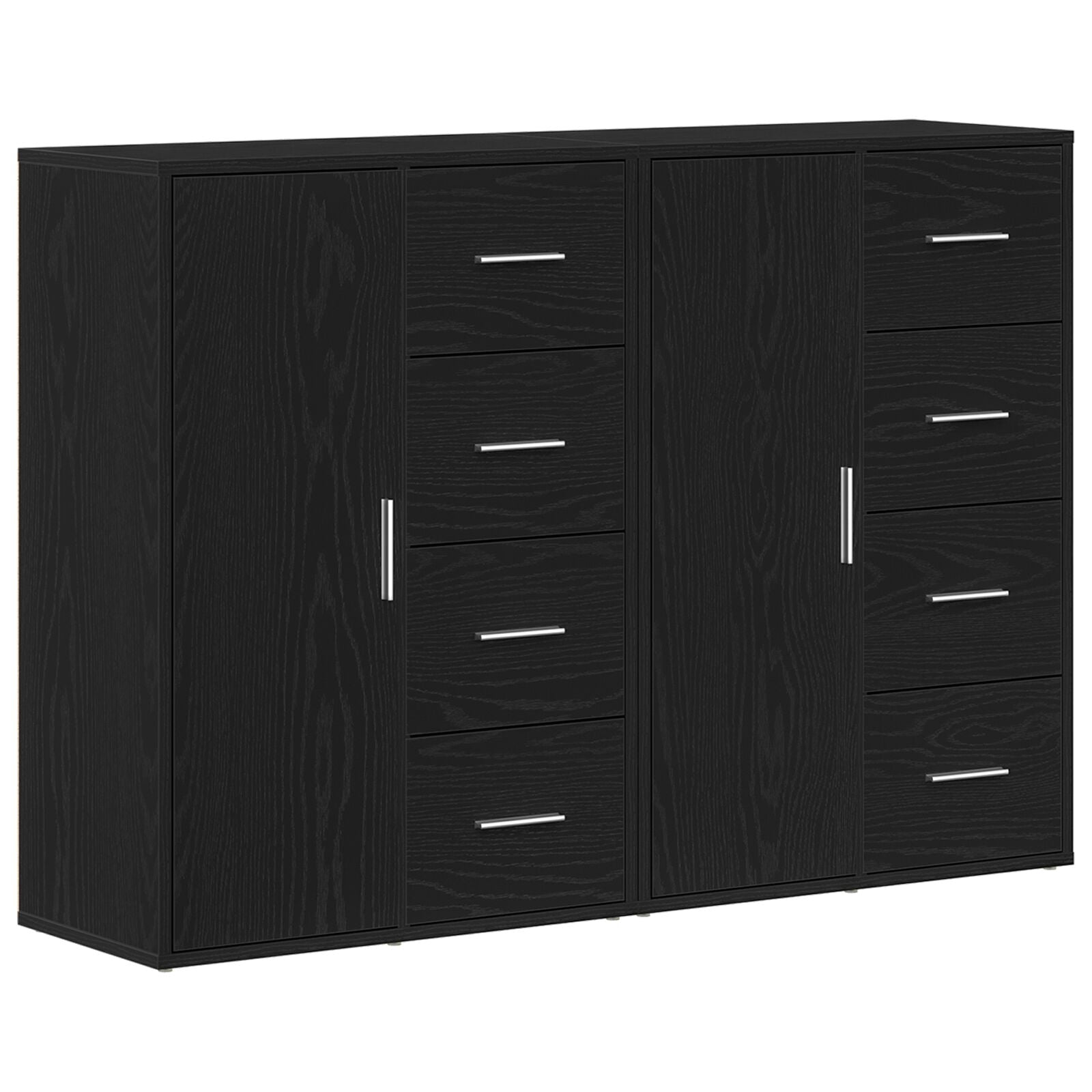Sideboard Set Van 2 Zwart Eiken Hout, Metalen Handvatten