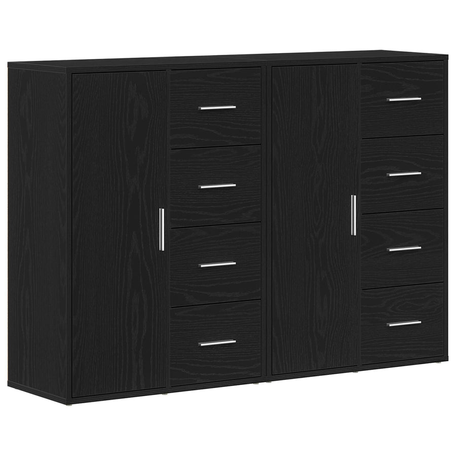 Sideboard Set Van 2 Zwart Eiken Hout, Metalen Handvatten