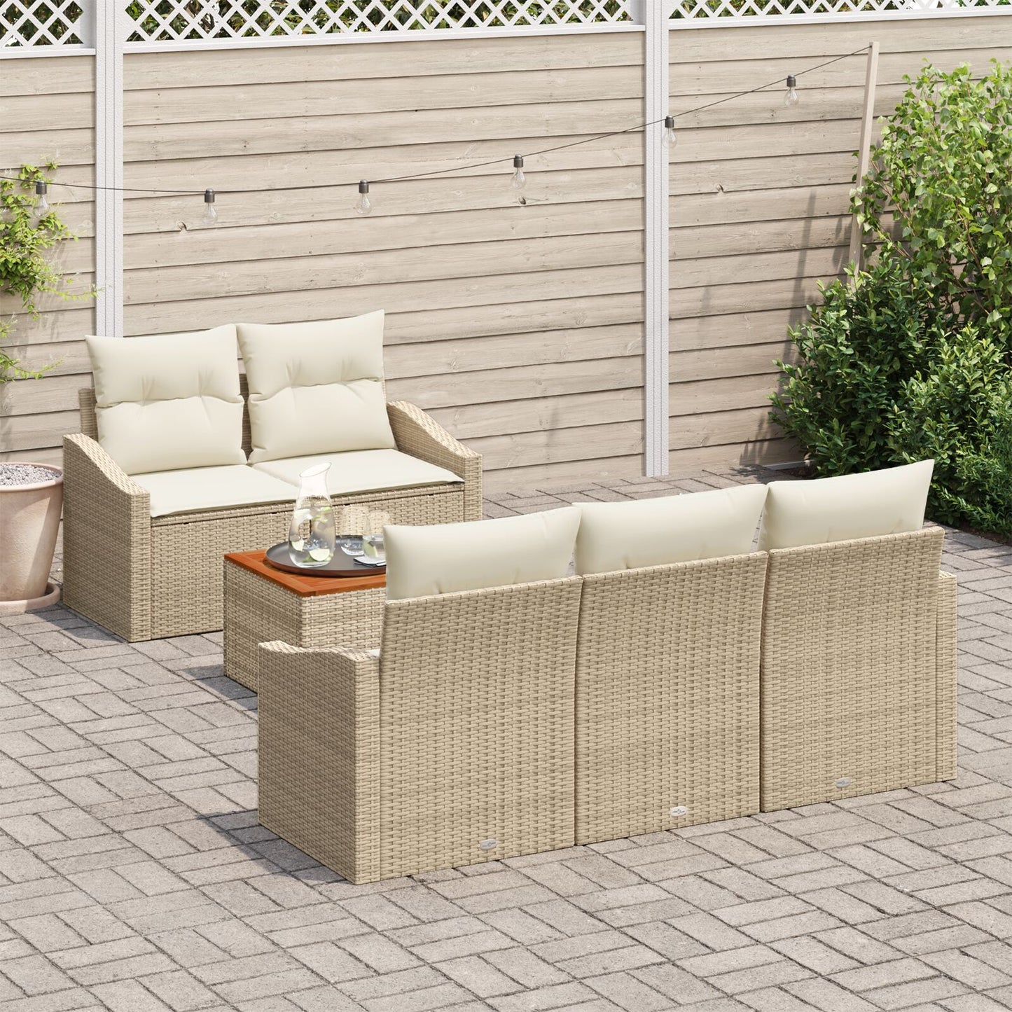 6-Delige Tuin Sofa Set Met Kussens Beige Poly Riet Acacia