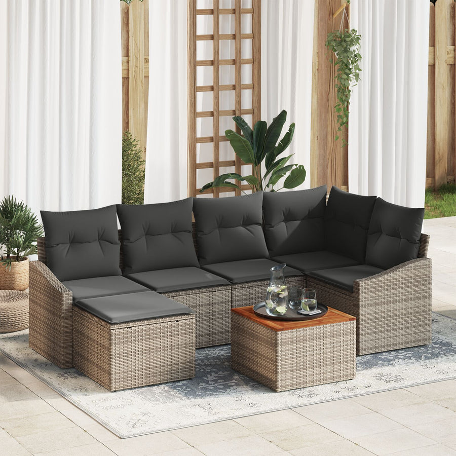 7-Delige Tuin Sofa Set Met Kussens Grijs Poly Rattan Acacia