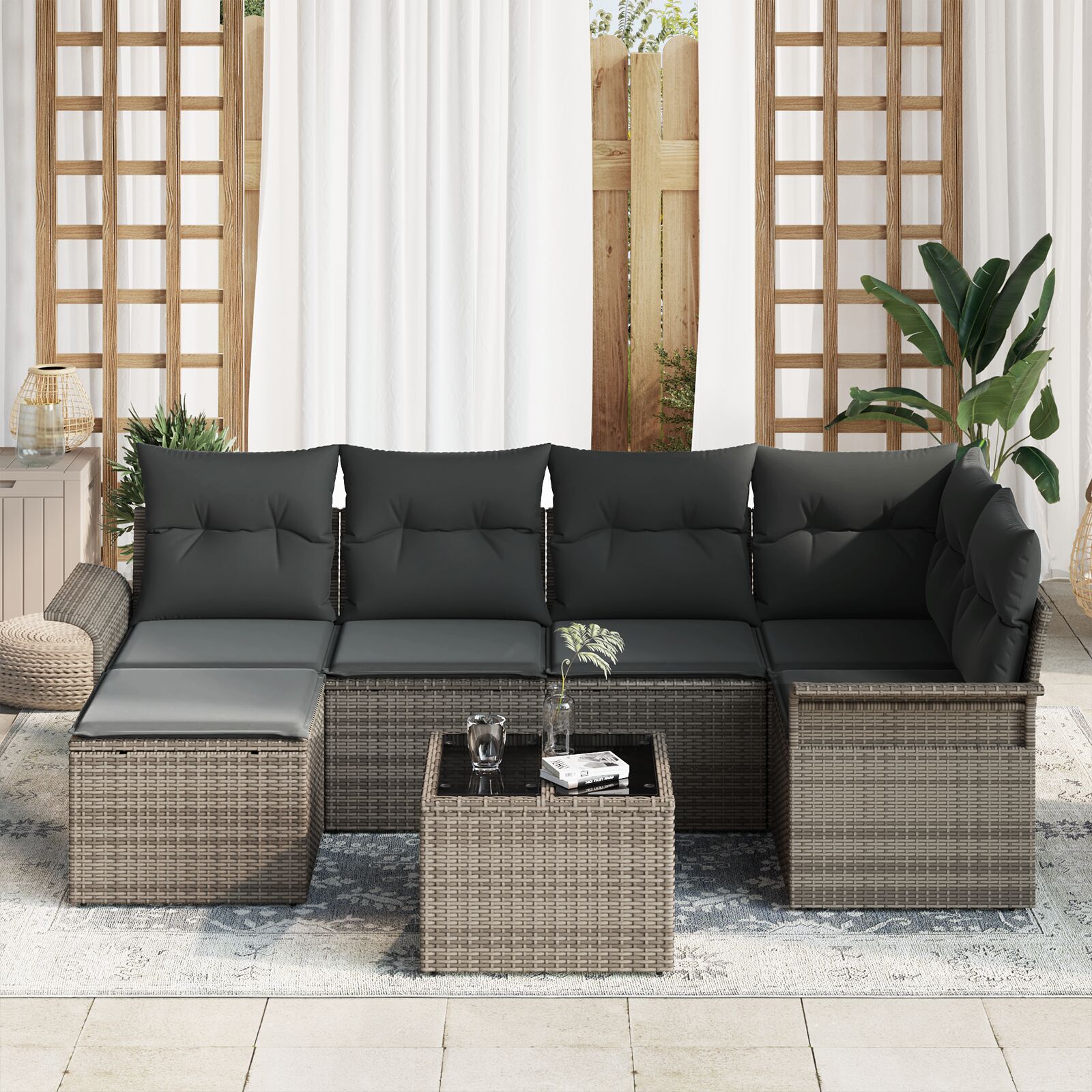 6-Delig Tuin Bankstel Met Kussens Zwart Poly Rattan
