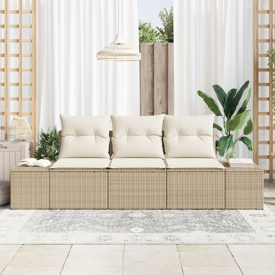 3-Persoons Tuinbank Set Met Kussens Beige Poly Riet