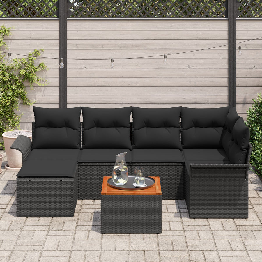 7-Delige Tuin Sofa Set Met Kussens Zwart Poly Rattan Acacia