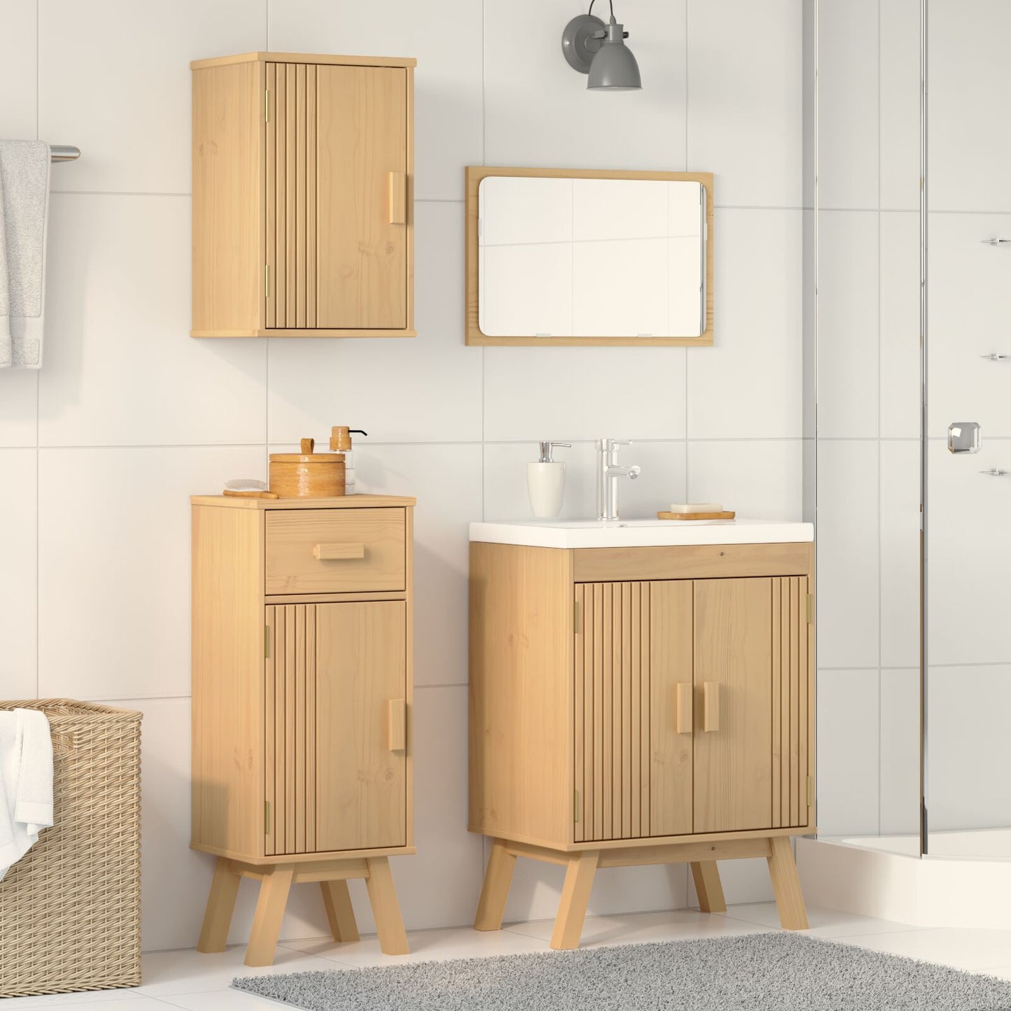 3-Delige Grenen Badkamer Meubelset Wasbak + kleine + gemiddelde kast