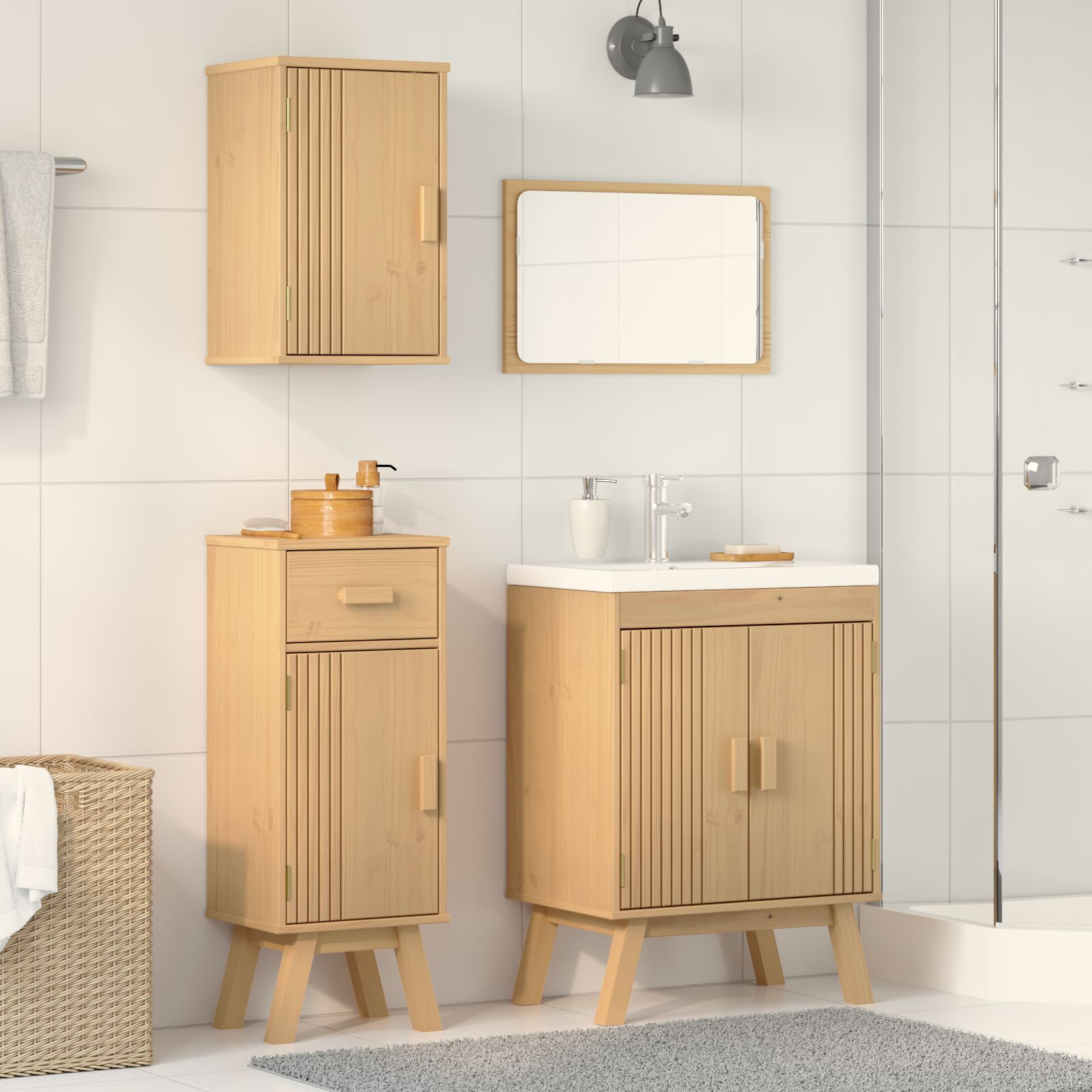 3-Delige Grenen Badkamer Meubelset Wasbak + kleine + gemiddelde kast