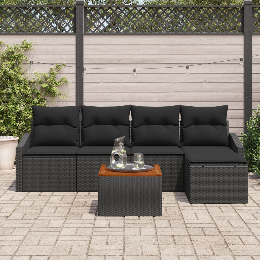 6-Delige Tuinbankset Met Kussens Zwart Poly Rattan Acacia