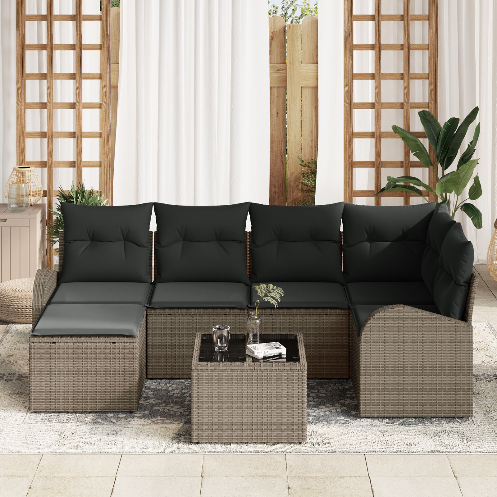 6-Delige Tuin Sofa Set Met Kussens Zwart Poly Rattan