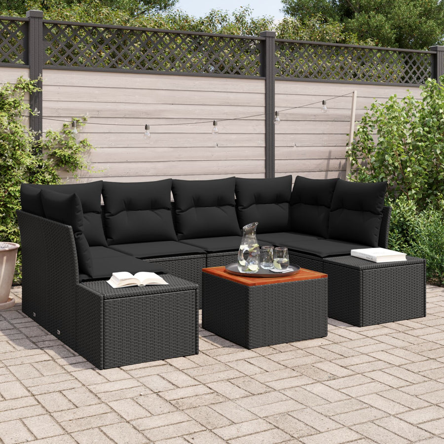 7-Delige Tuinsofa Set Met Kussens Zwart Poly Rattan Acacia