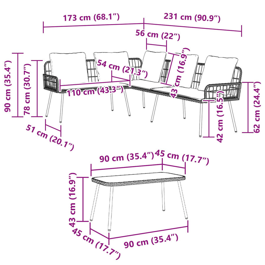 2-Delige Tuinbankset Met Kussens Poly Rattan Zwart Bank + tafel