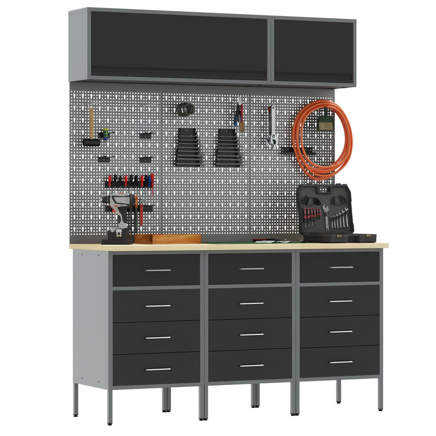8-Delige Werkbank Set Staal 3x (85 cm) Zwart 3x kast + 3x pegboard + 2x kast met deur