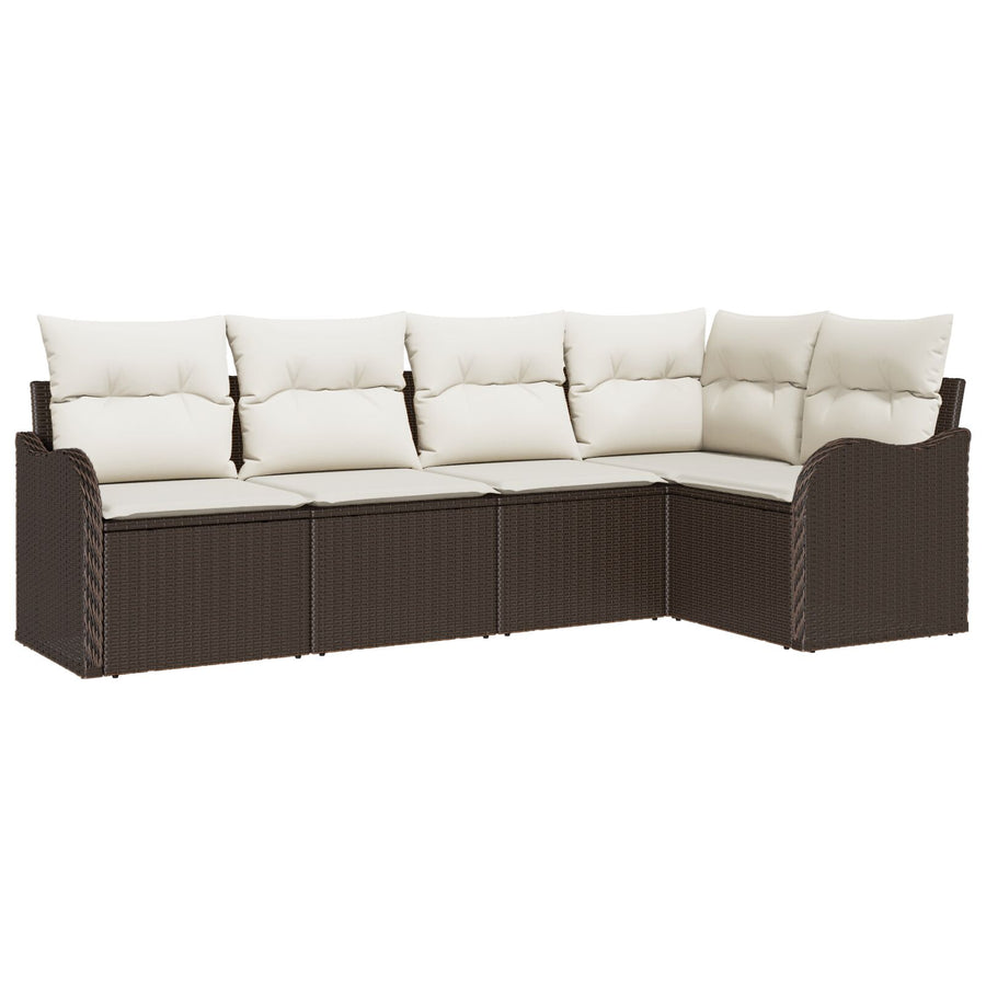 5-delige tuinsofa set met kussens in bruine poly riet, vidaXL 2-zits tuinsofa met kussens in bruine poly riet