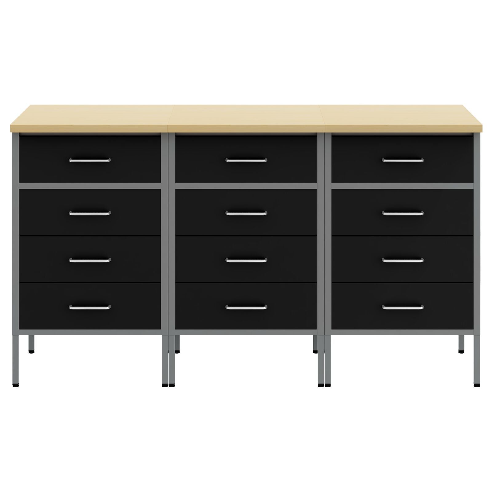Werktafel 3-Delig En Grijs Hout En Staal 3x (85 cm) Zwart 3x kast