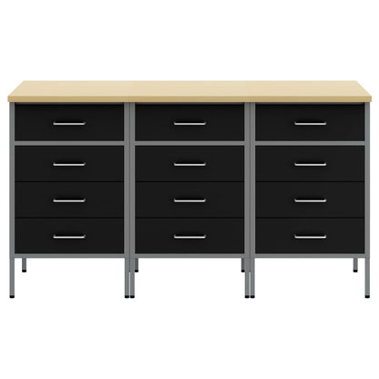 Werktafel 3-Delig En Grijs Hout En Staal 3x (85 cm) Zwart 3x kast