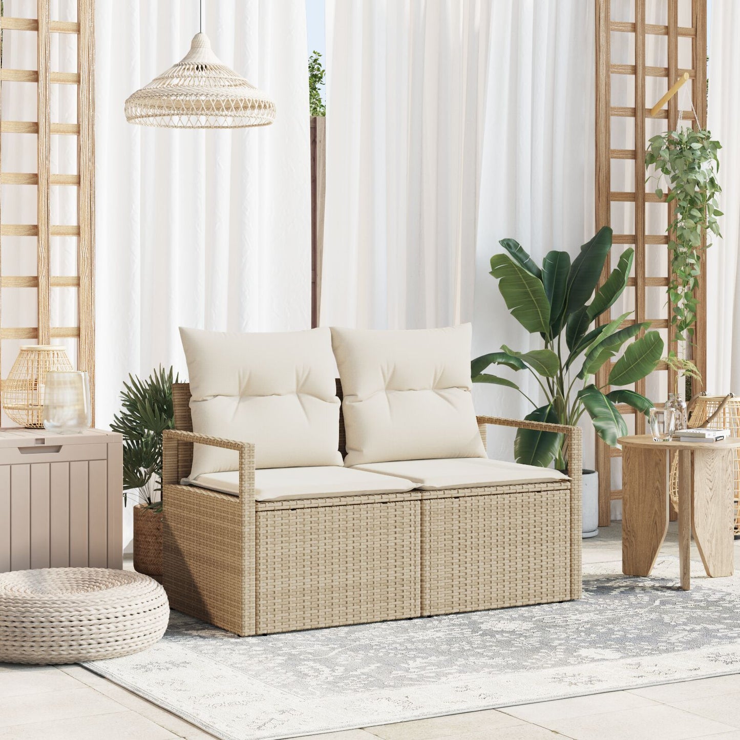 2-Zitter Tuinbank En Kussens Poly Rattan Beige en crème met opslag