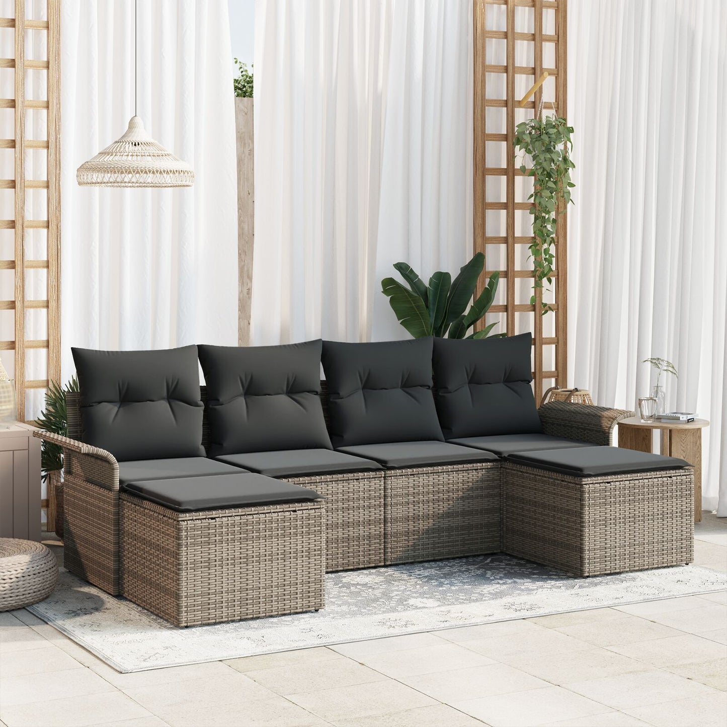 6 Delige Tuin Sofa Set Met Kussens Grijs Poly Rattan