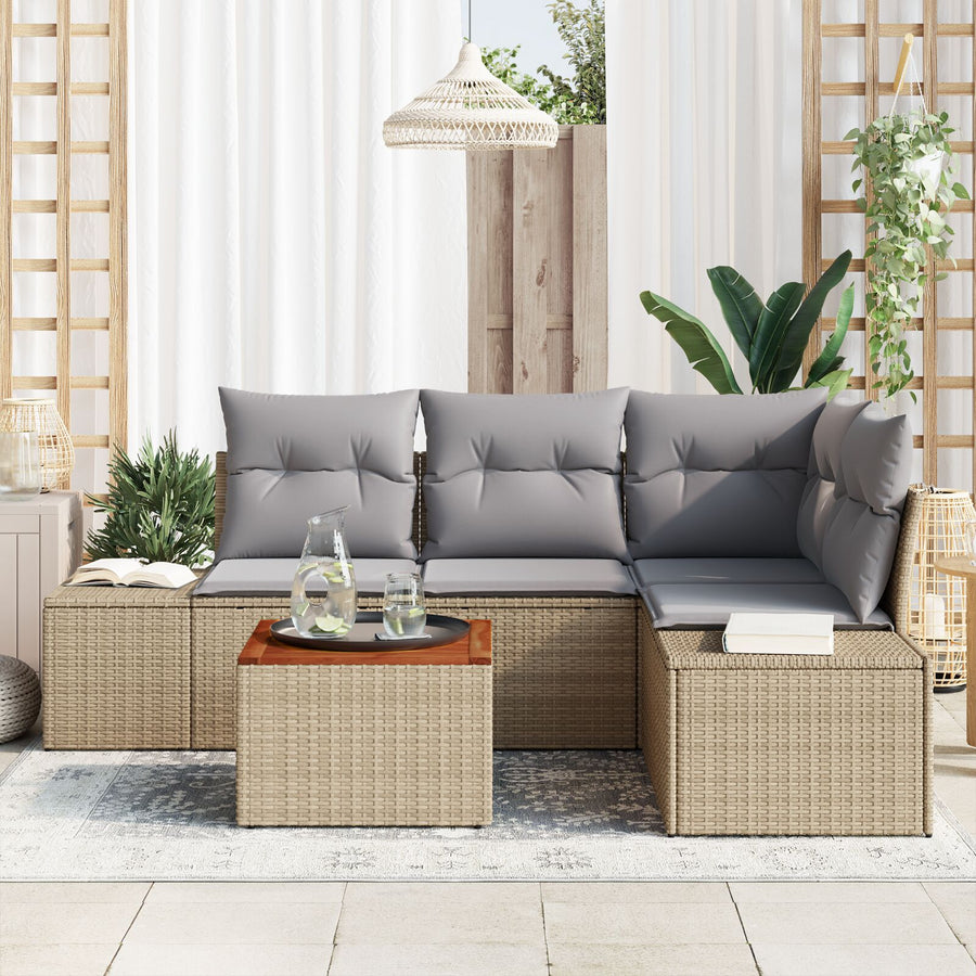 5-Delige Tuin Sofa Set Met Kussens Beige Poly Rattan Acacia