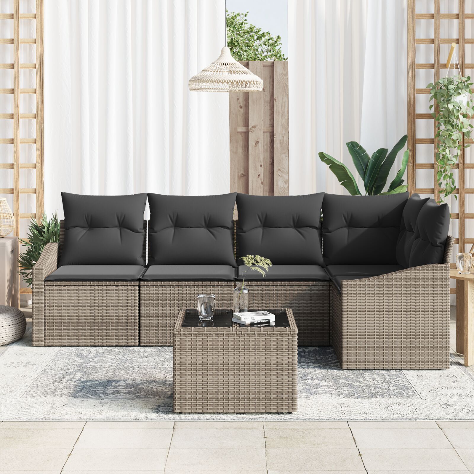 5-Delige Tuinbank Set Met Kussens Zwart Poly Rattan Grijs met tafel
