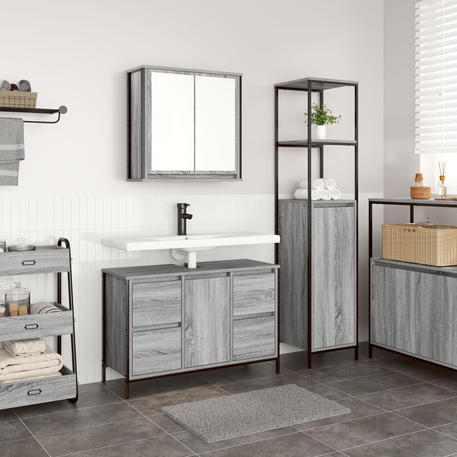2-Delige Badkamermeubelset Engineered Wood Grijs sonoma Wastafelkast + badkamerkast