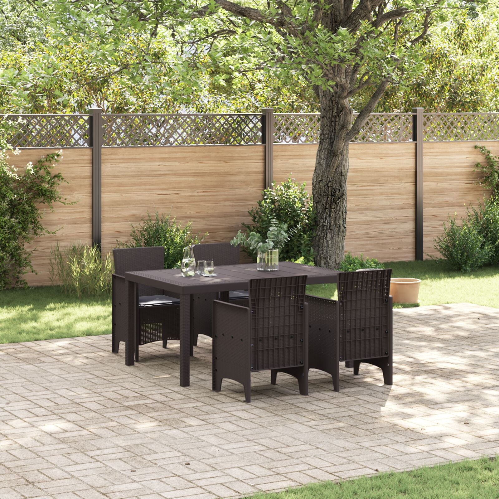 Vijfdelige Tuin Eetset Met Kussens Bruine Poly Rattan