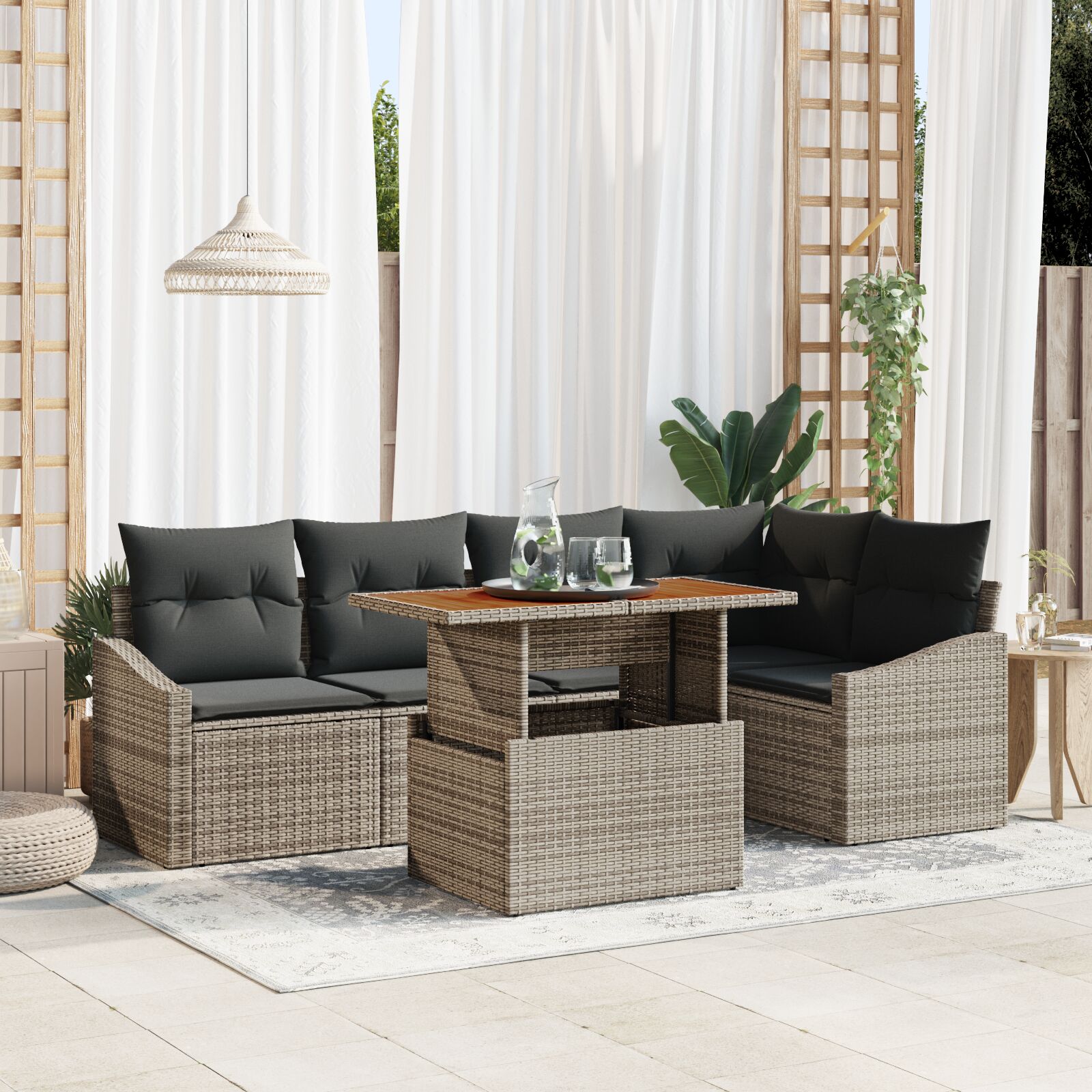 6-Delige Tuin Sofa Set Met Kussens Grijs Poly Rattan