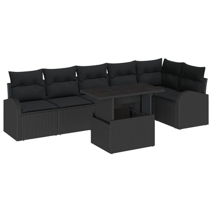 7-Delige Tuinsofa Set Met Kussens Zwart Poly Rattan