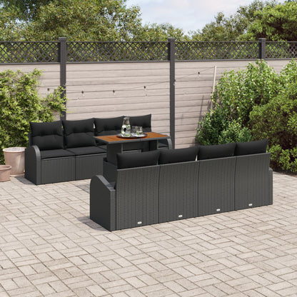 9-Delige Tuin Eettafel Set Met Kussens Zwart Poly Rattan Acacia