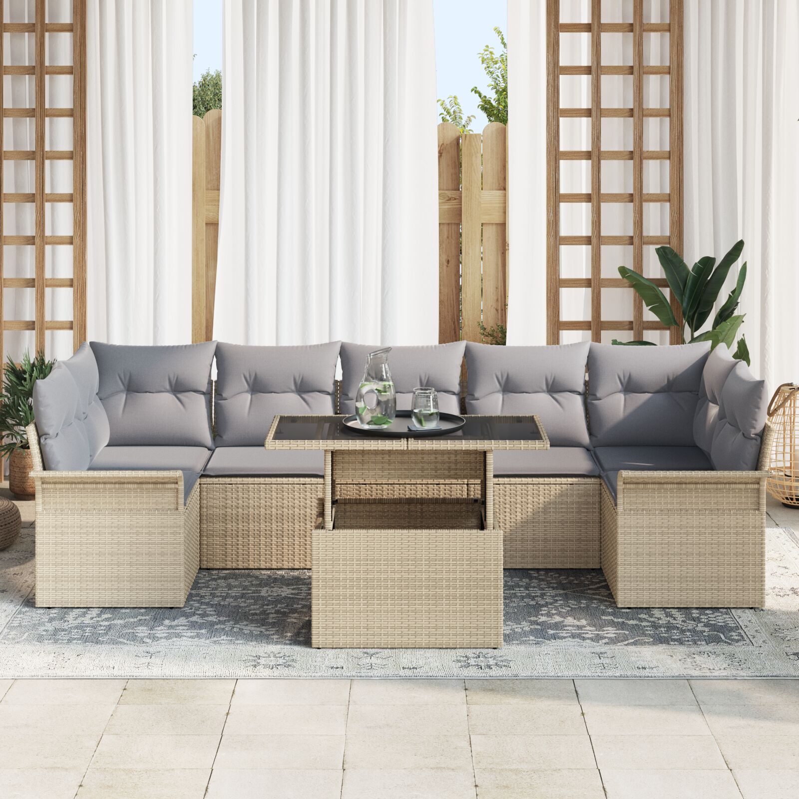 8-Delig Tuin Bankstel Met Kussens Beige Poly Rattan