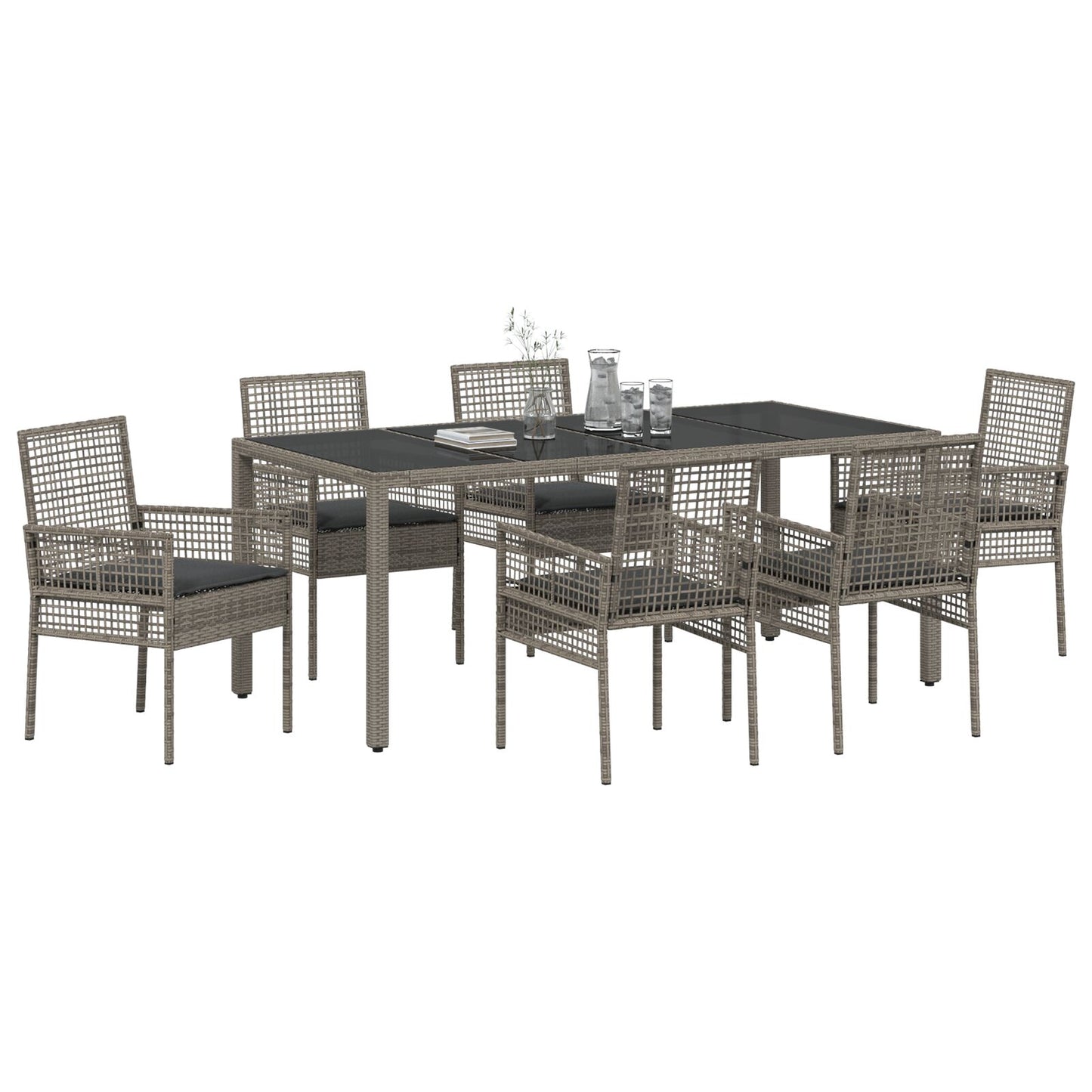 7-Piece Tuin Eet Set Met Kussens Grijs Poly Rattan