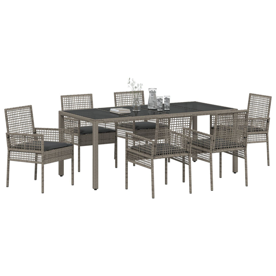 7-Piece Tuin Eet Set Met Kussens Grijs Poly Rattan