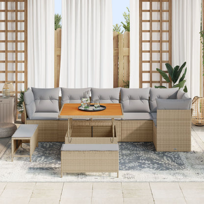9-Delige Tuin Sofa Set Met Kussens Beige Poly Rattan Acacia, 3-Delige Tuin Eettafel Set Met Kussens Beige Poly Rattan Acacia Wit