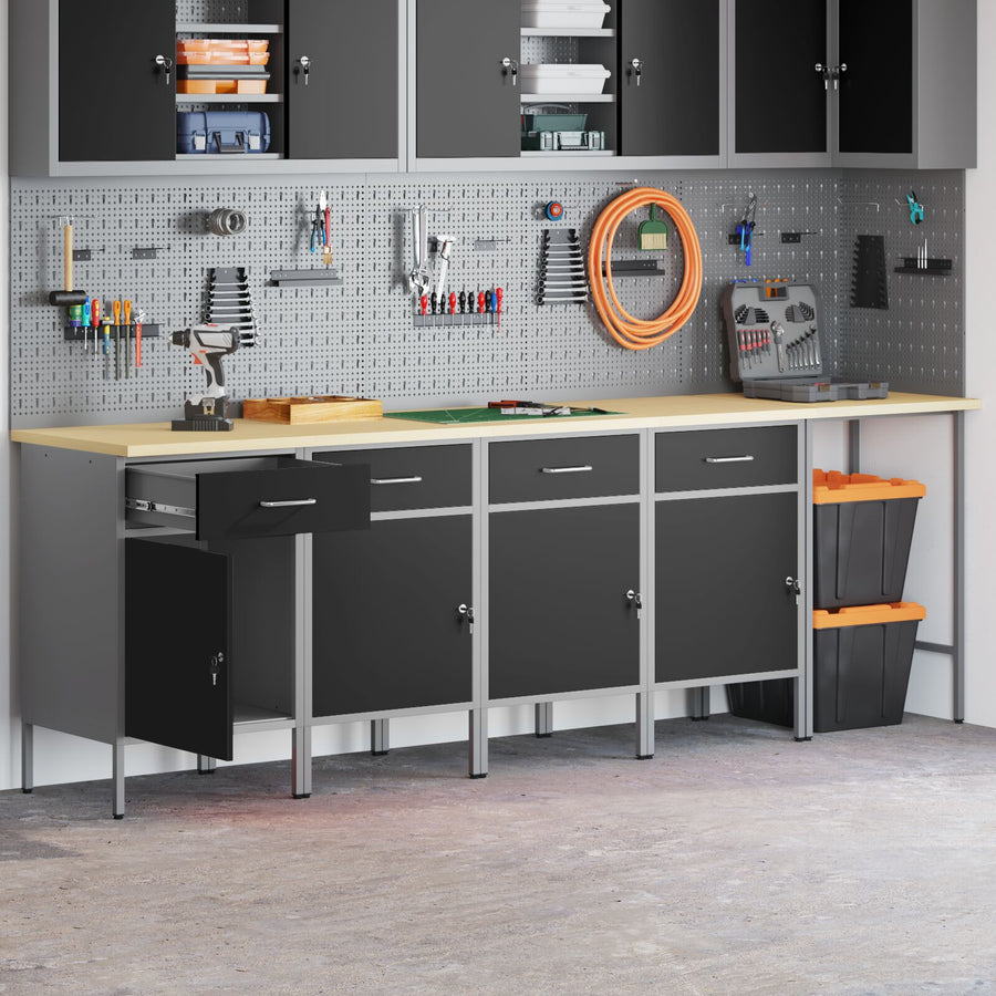 5-Delige Werkcabinet En Hoektafel Set Geengineerd Hout 4x (84 cm) Zwart Tafel + 4x kast
