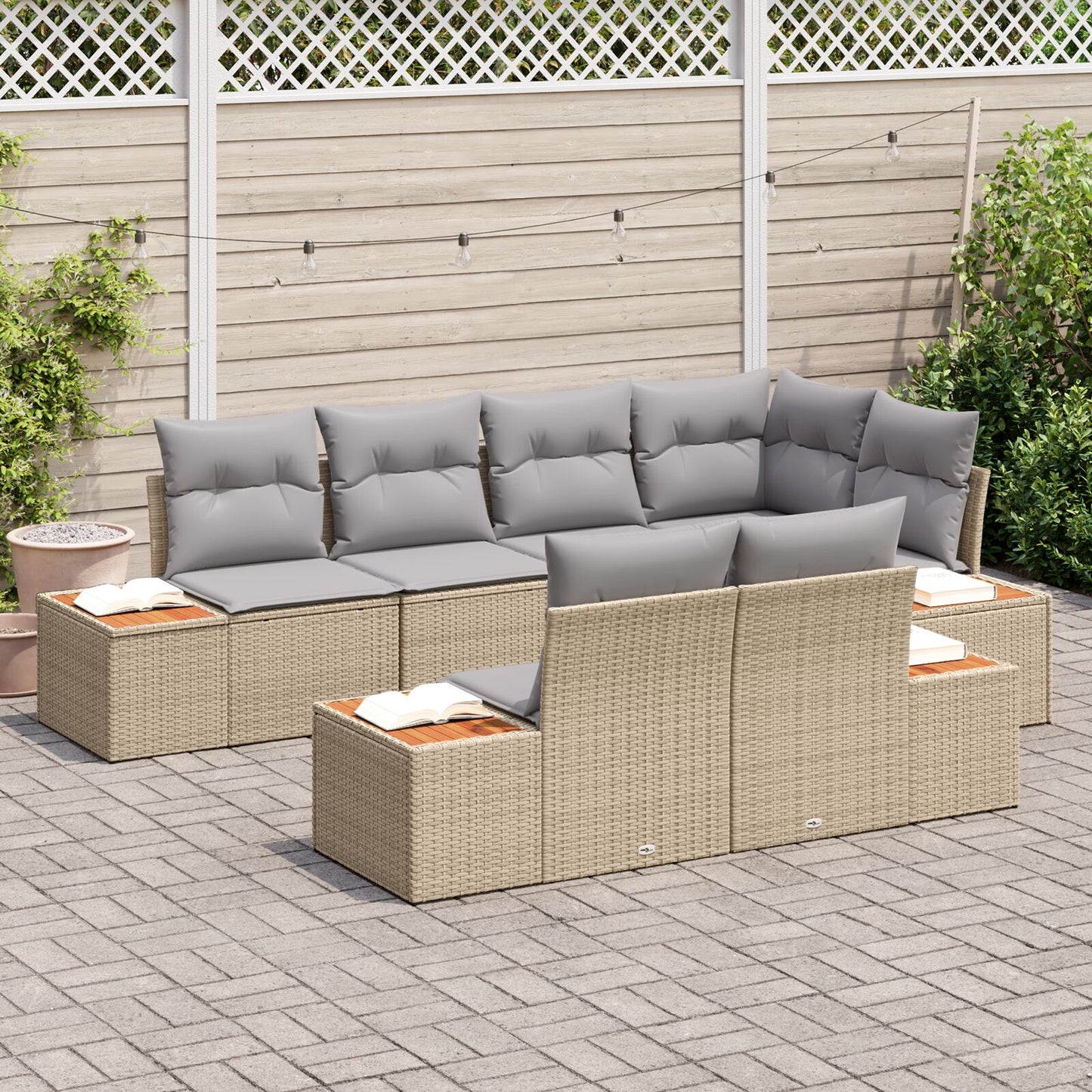 7 Delige Tuin Sofa Set Met Kussens Beige Poly Rattan Acacia