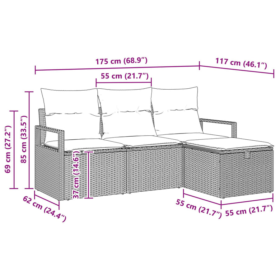 4-Delige Tuin Sofa Set Met Kussens Beige Poly Riet,  2-Zits Tuin Sofa Met Kussens Beige Poly Riet