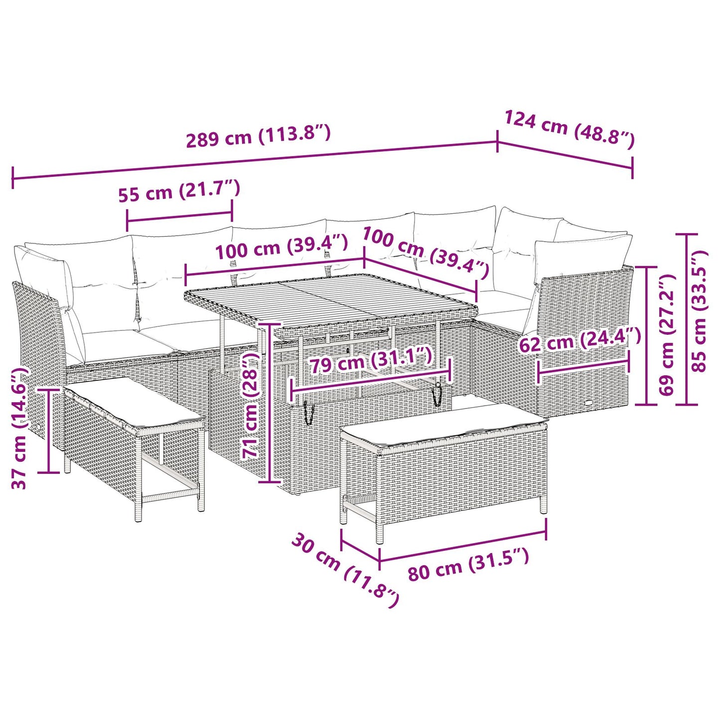 9-Delige Tuin Sofa Set Met Kussens Beige Poly Rattan Acacia, 3-Delige Tuin Eettafel Set Met Kussens Beige Poly Rattan Acacia Wit