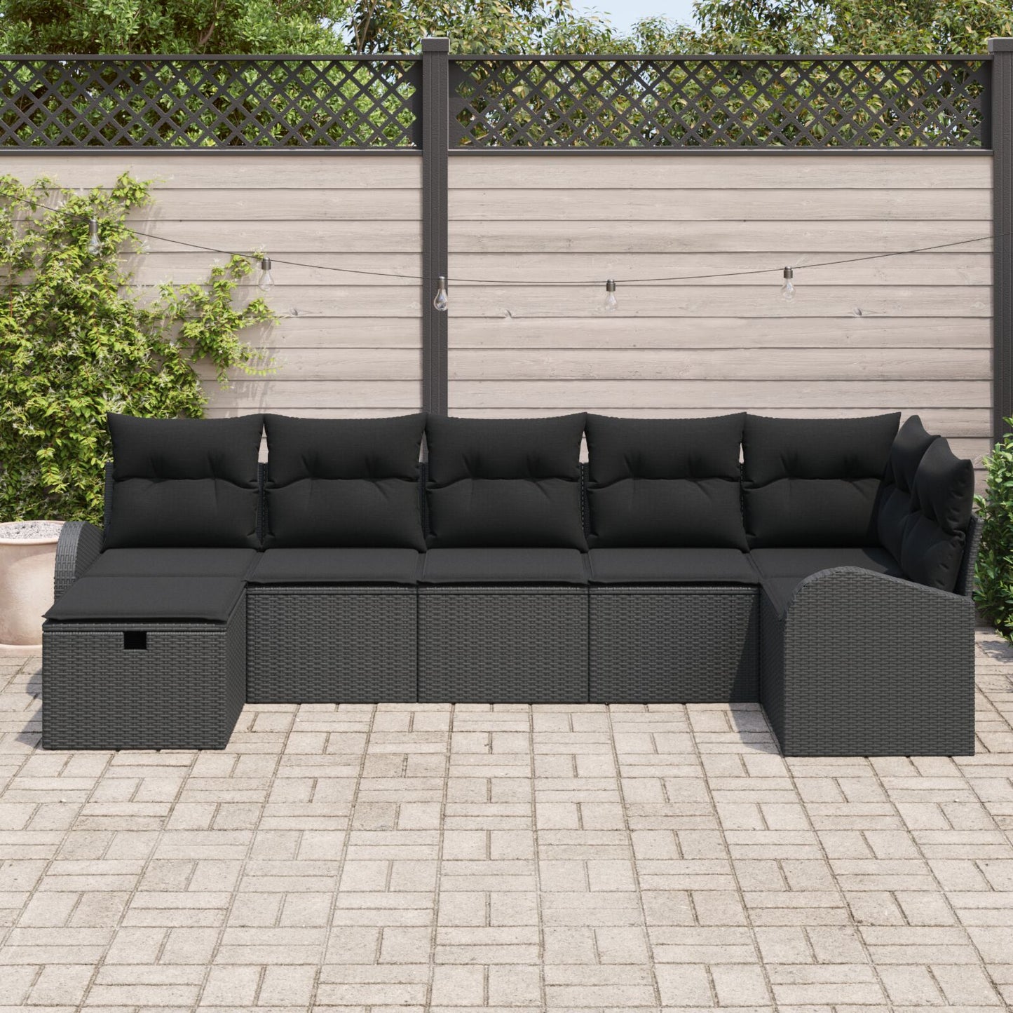 7-Delige Tuinbank Set Met Kussens Zwart Poly Rattan