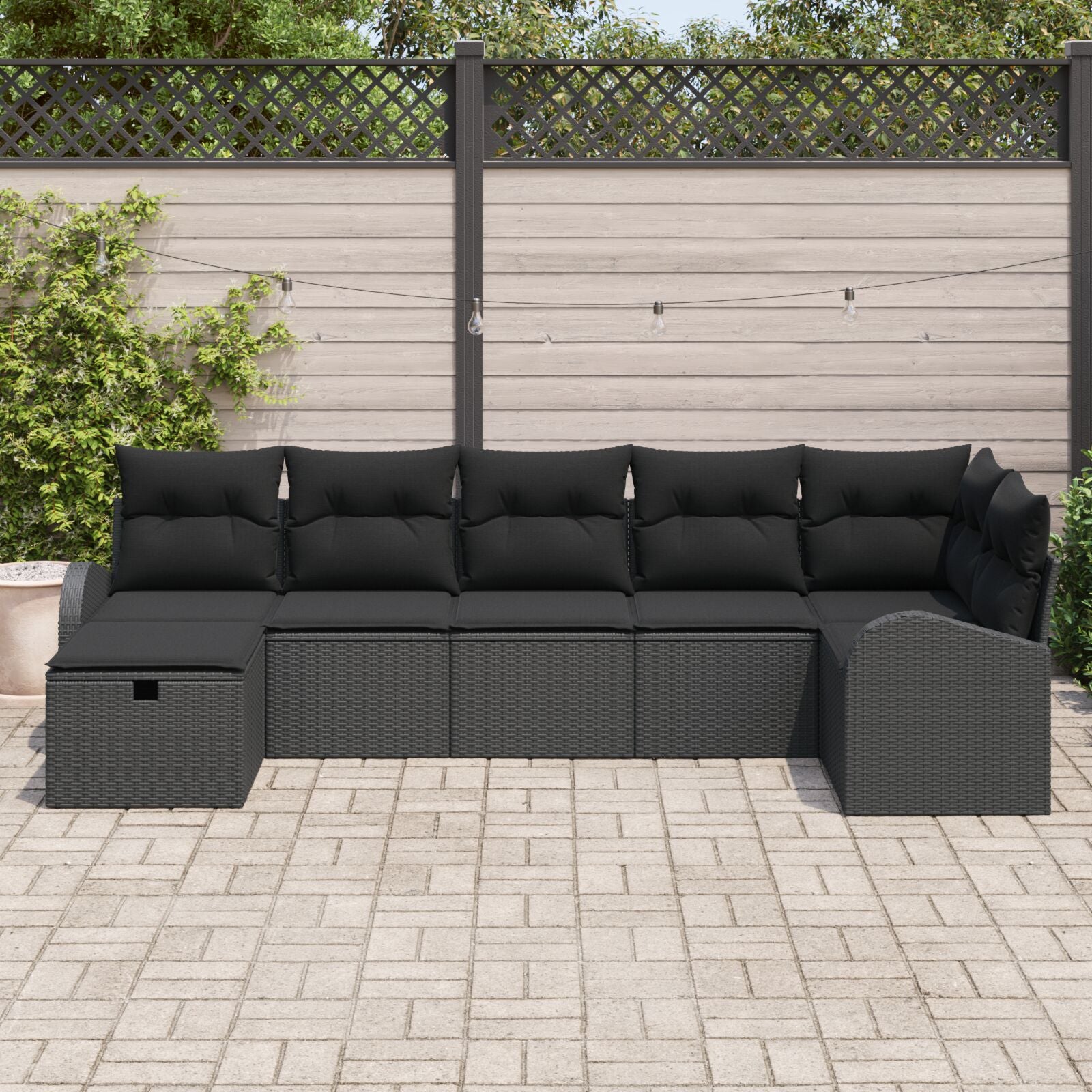 7-Delige Tuinbank Set Met Kussens Zwart Poly Rattan
