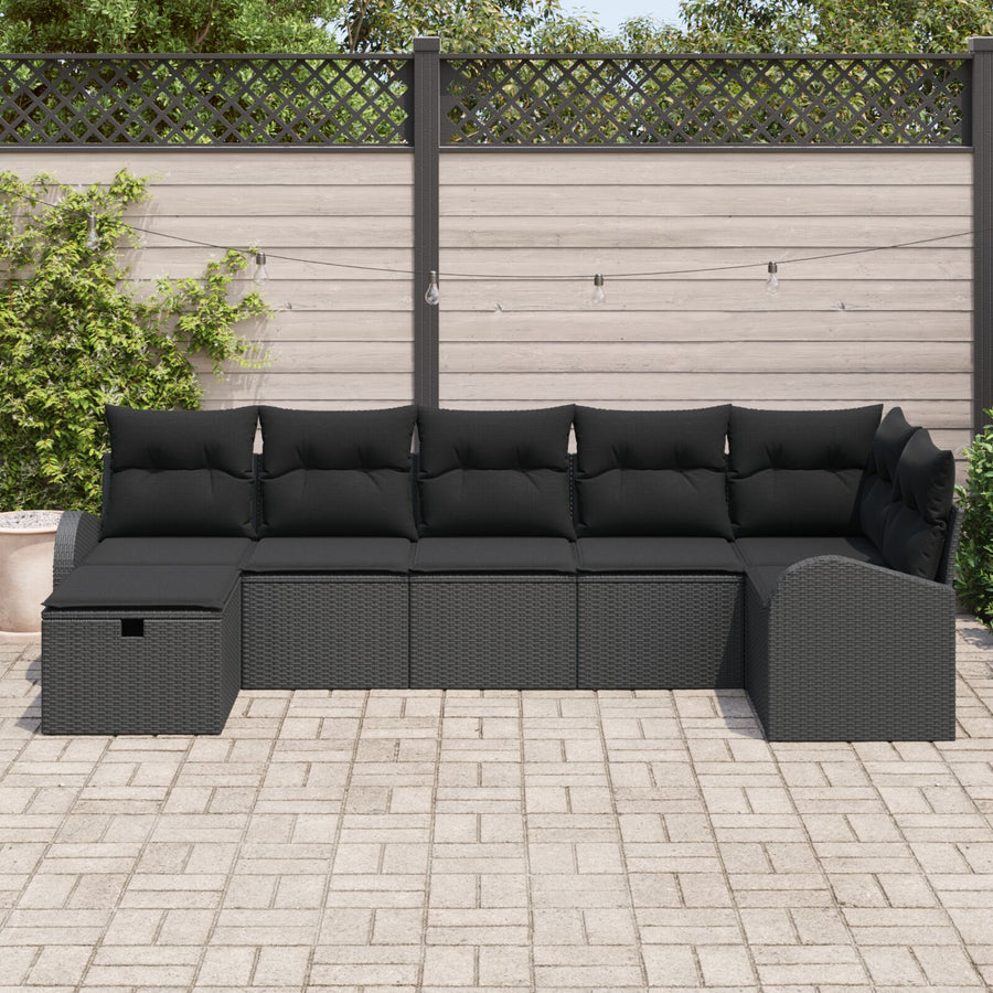 7-Delige Tuinbank Set Met Kussens Zwart Poly Rattan