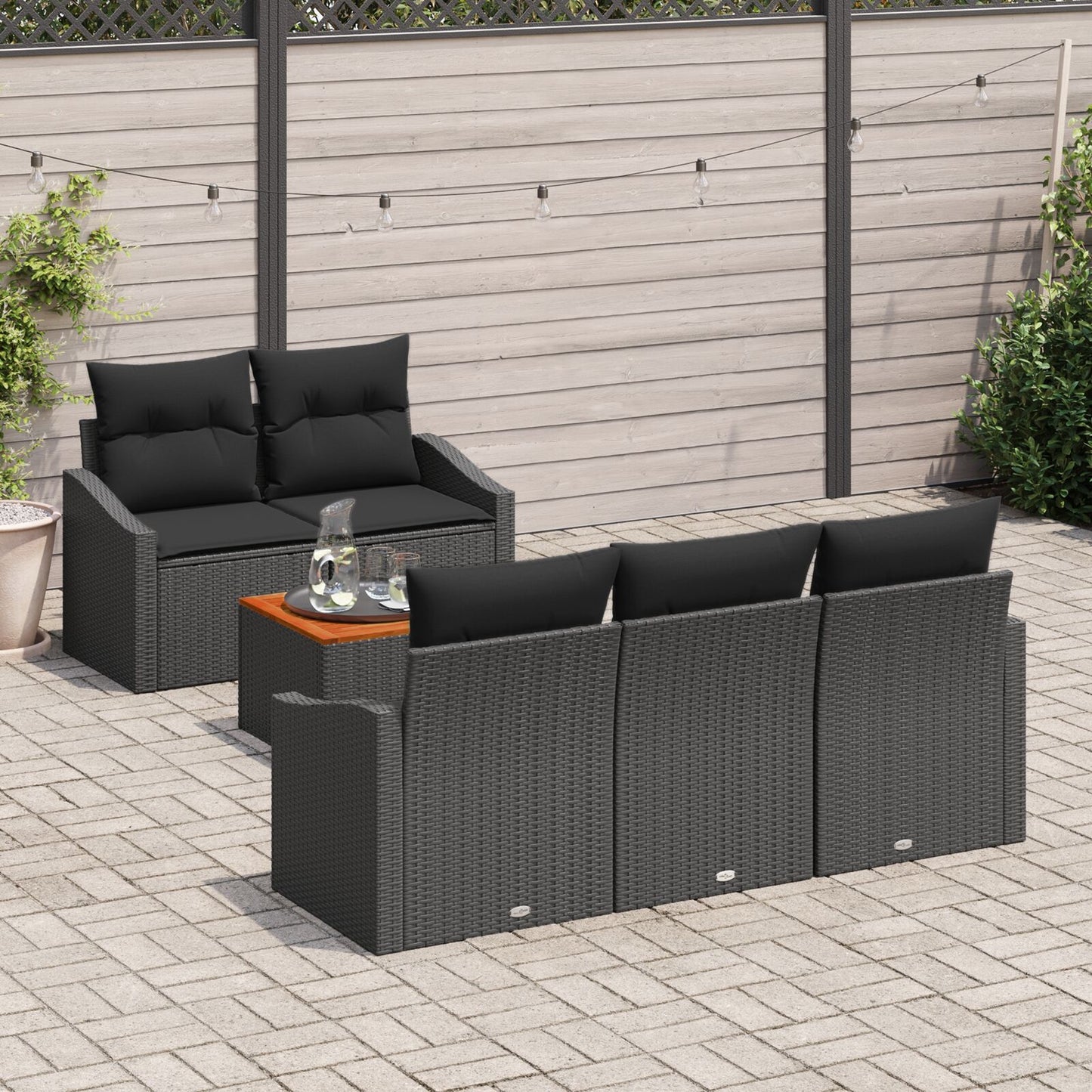 6-Delige Tuin Sofa Set Met Kussens Zwart Poly Rattan Acacia