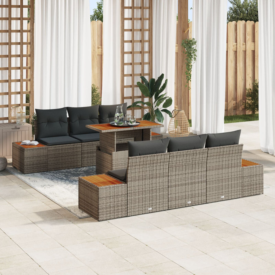 7-Delige Tuin Eetset Met Kussens Grijs Poly Rattan Acacia
