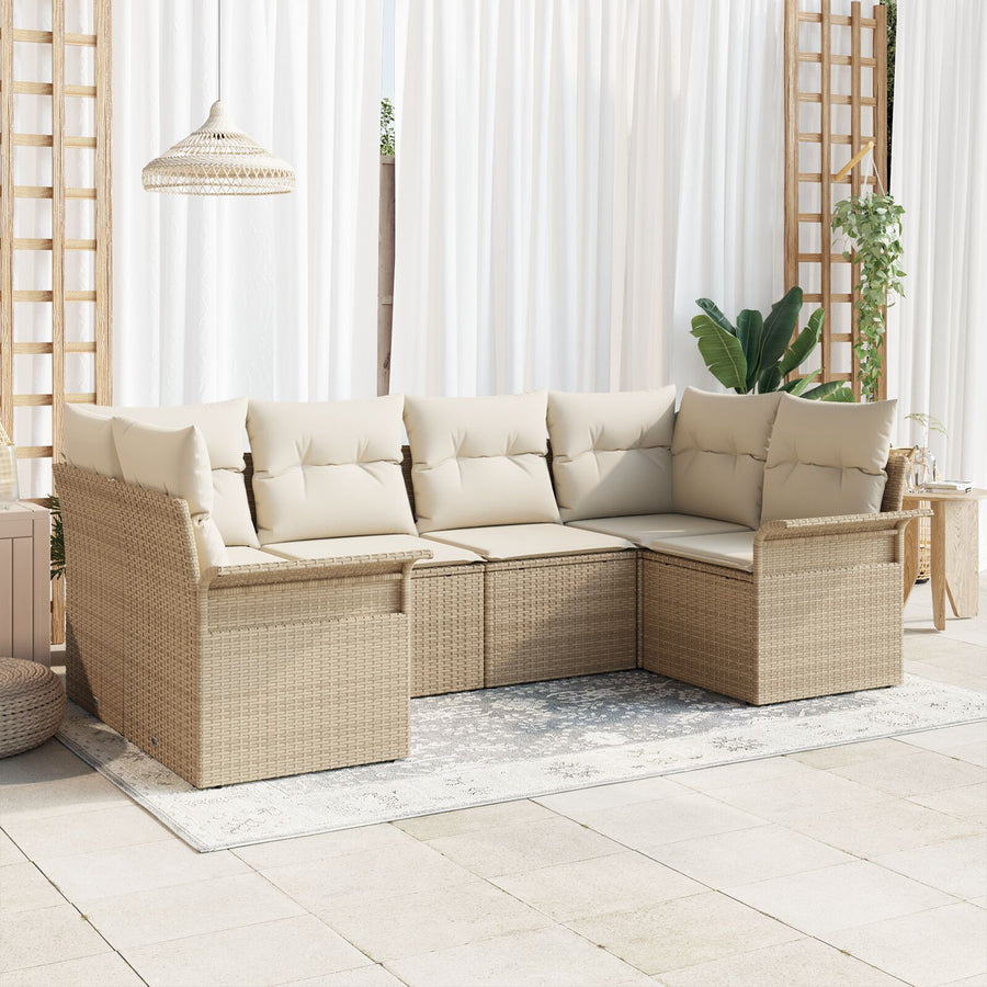 6 Delige Tuin Sofaset Met Kussens Beige Poly Rattan