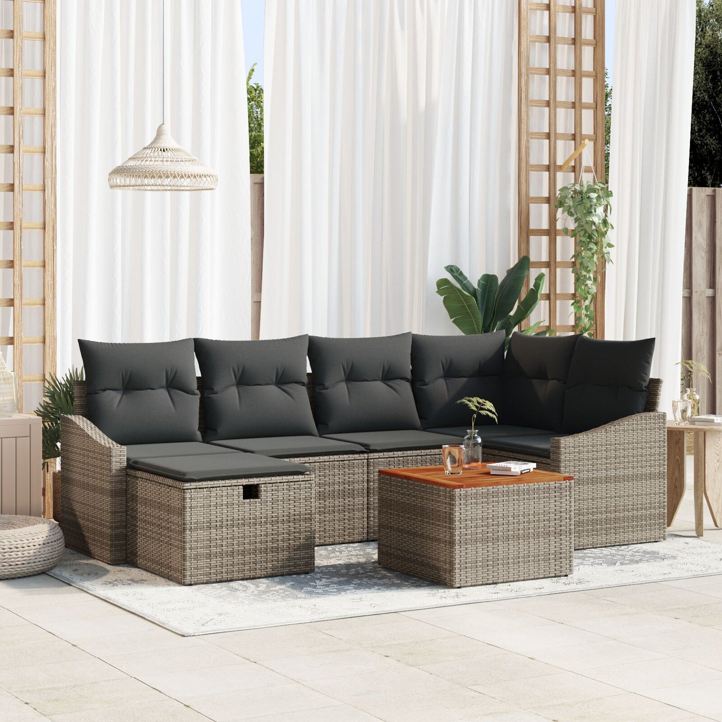 7-Delige Tuinsofa Set Met Kussens Grijs Poly Rattan Wit