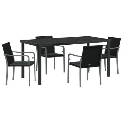 5-Delige Tuin Eettafelset Met Kussens Poly Rattan 4-zits Zwart 160 cm