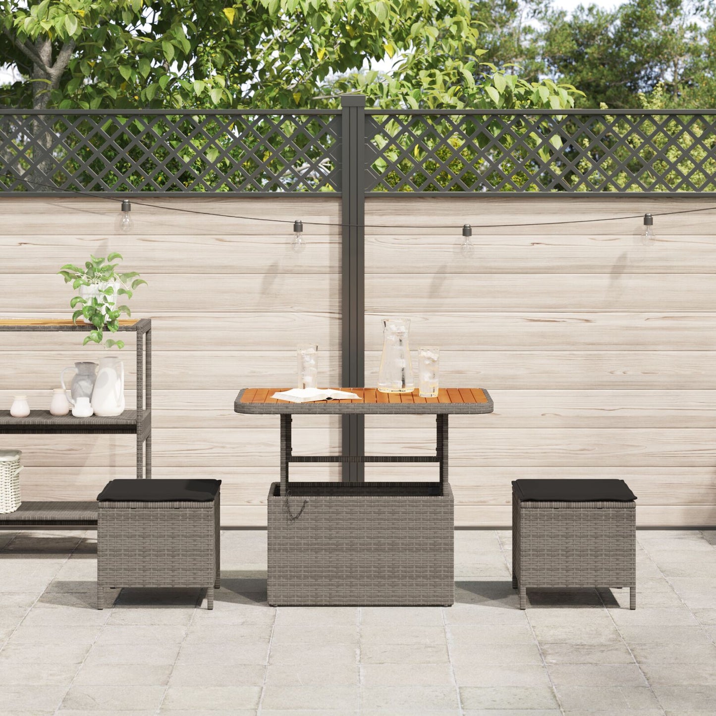 3-Delige Tuin Eetset Met Kussens Poly Rattan Acacia 90 cm Grijs 2 krukken