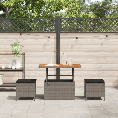 3-Delige Tuin Eetset Met Kussens Poly Rattan Acacia 90 cm Grijs 2 krukken