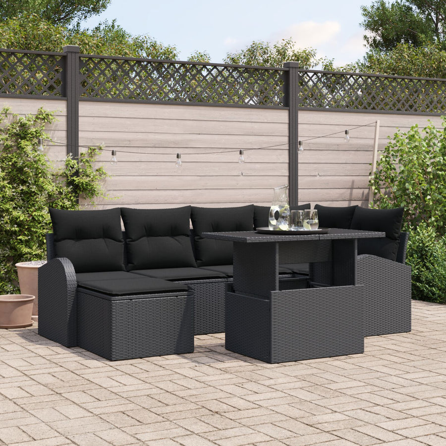 7-Delige Tuinbankstel Met Kussens Zwart Poly Rattan